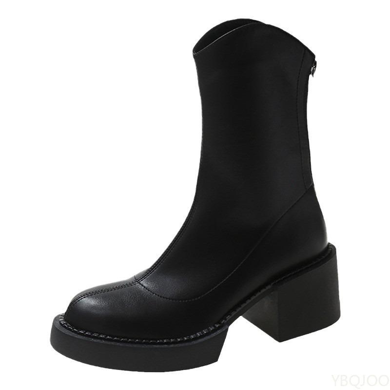 Coarse heeled thick soled short boots for women winter new versatile zipper retro simple comfortable boots for women