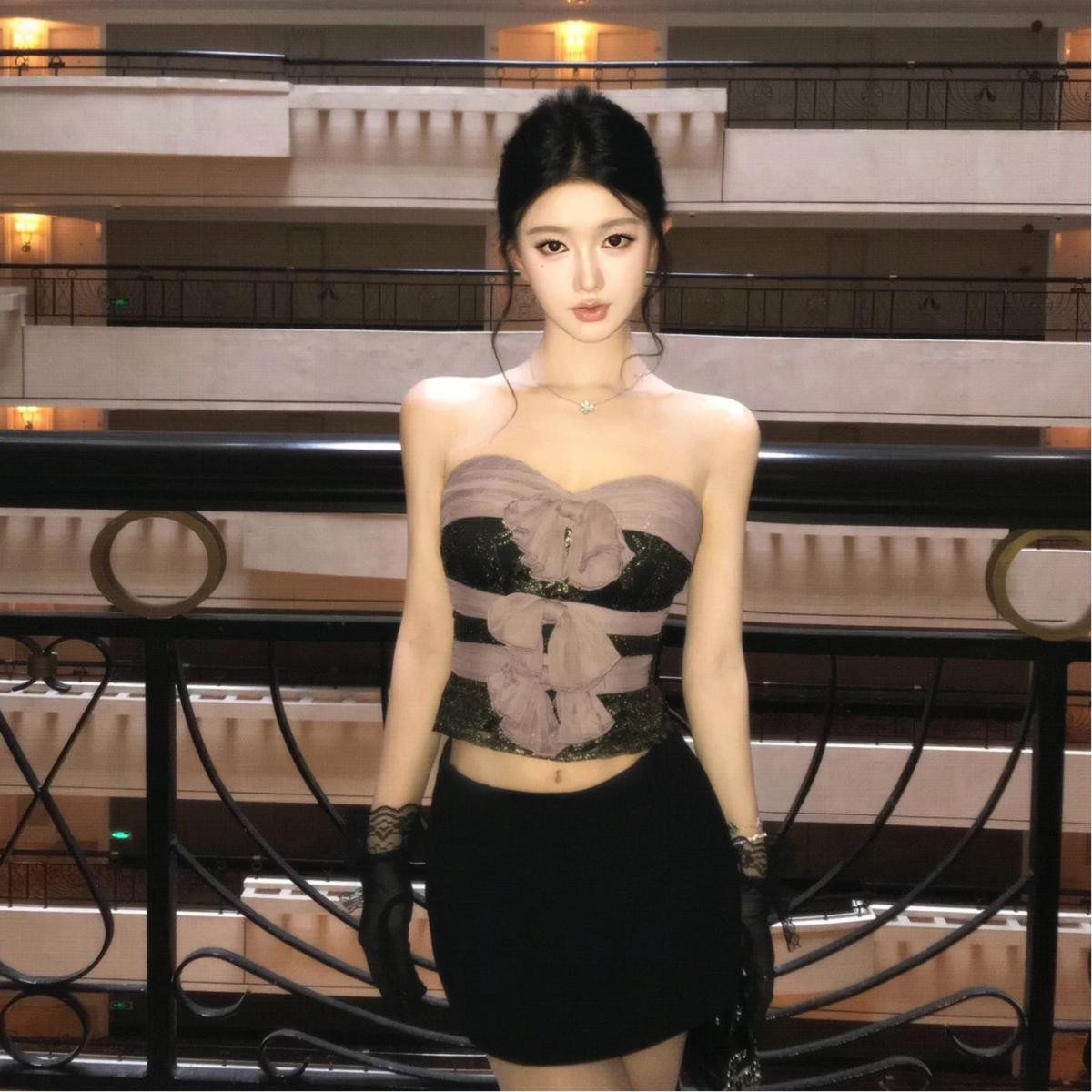 Women s Strapless Crop Top Sequin Bow Patchwork Party Bustier S