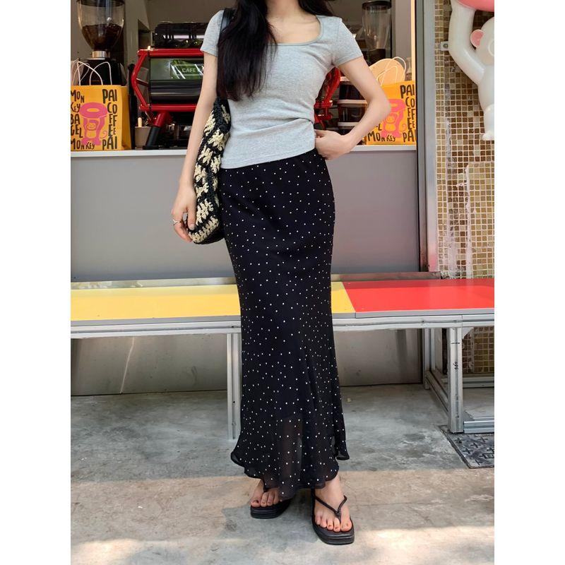 

Kumikumi Stylish Black Polka Dot Hip Skirt Skirt Women Autumn Chic Slimming Youthful-Looking Temperament Long Dress Black L