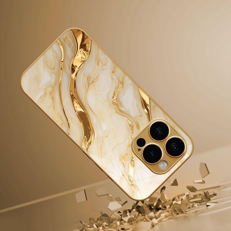 Golden Marble Waves Gold Metallic Paint Tempered Glass Phone Case For iPhone 17 Pro Max 11 12 13 14 15 16 Plus 17 Air 16E Cover