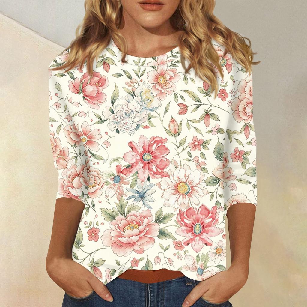 Damen Lässiges Blumenmuster Oberteil Dreiviertelarm Rundhals Bluse Leicht Bequeme Passform Stilvolles Design