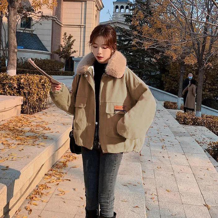 WTEMPO Casual Loose Plush Thick Coats Women's Short Winter Windproof Loose Parkas Large Size Warm Cotton Jackets