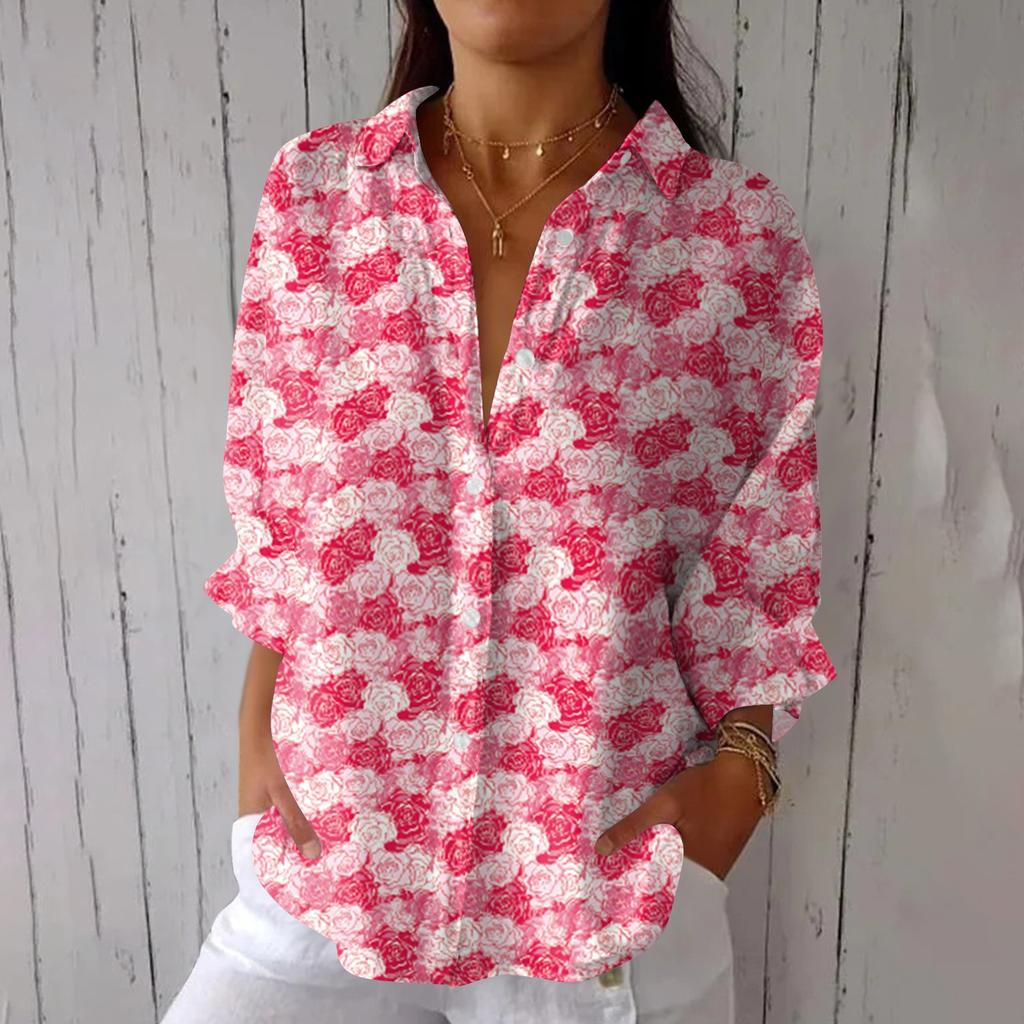 Women's Fashion Seven Sleeve Casual Lapel Back Tie Shirt Printed T-Shirt Top