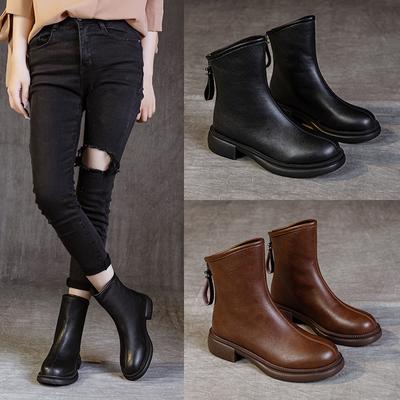 Botas curtas de couro estilo britânico para primavera e outono de 2025, retrô, com zíper traseiro, botas femininas, sola grossa e salto grosso