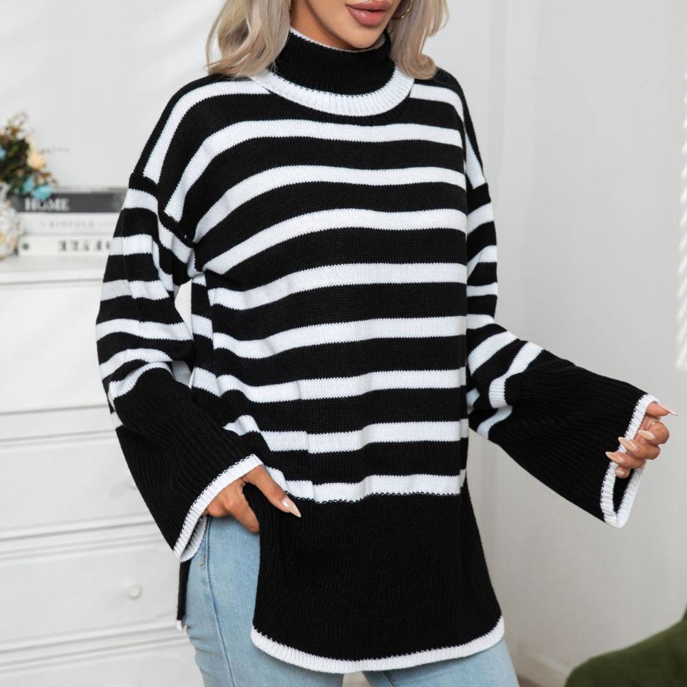 IHUASU Женский полосатый свитер средней длины с разрезом по бокам и высоким воротом — фото 5