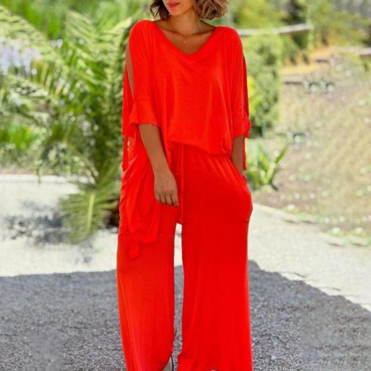 Boho Damen lockeres zweiteiliges Set lässiger Pullover-Top mit kurzen Ärmeln