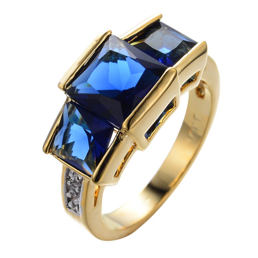Luxury Female Crystal Blue Stone Big Yellow Gold Color Wedding Jewelry For Women Vintage Bride Square Engagement Ring