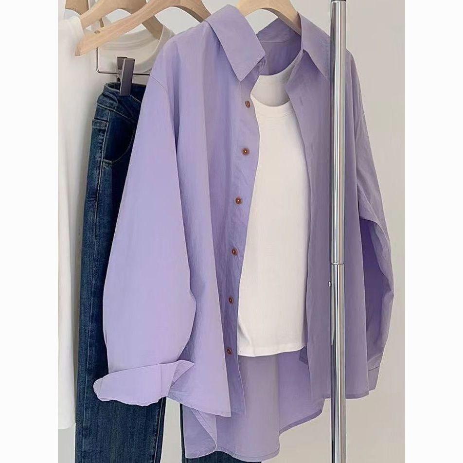 

Women s Solid Color Long Sleeved Shirt Women s Spring Shirt Loose Summer Sun Protection Shirt M фиолетовый
