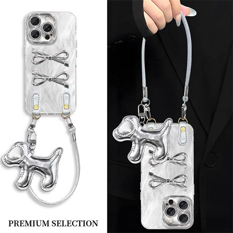 All Inclusive Anti Fall Bow Phone Case for IPhone 17 Promax Puppy Pendant for Apple 16 Lanyard Crossbody