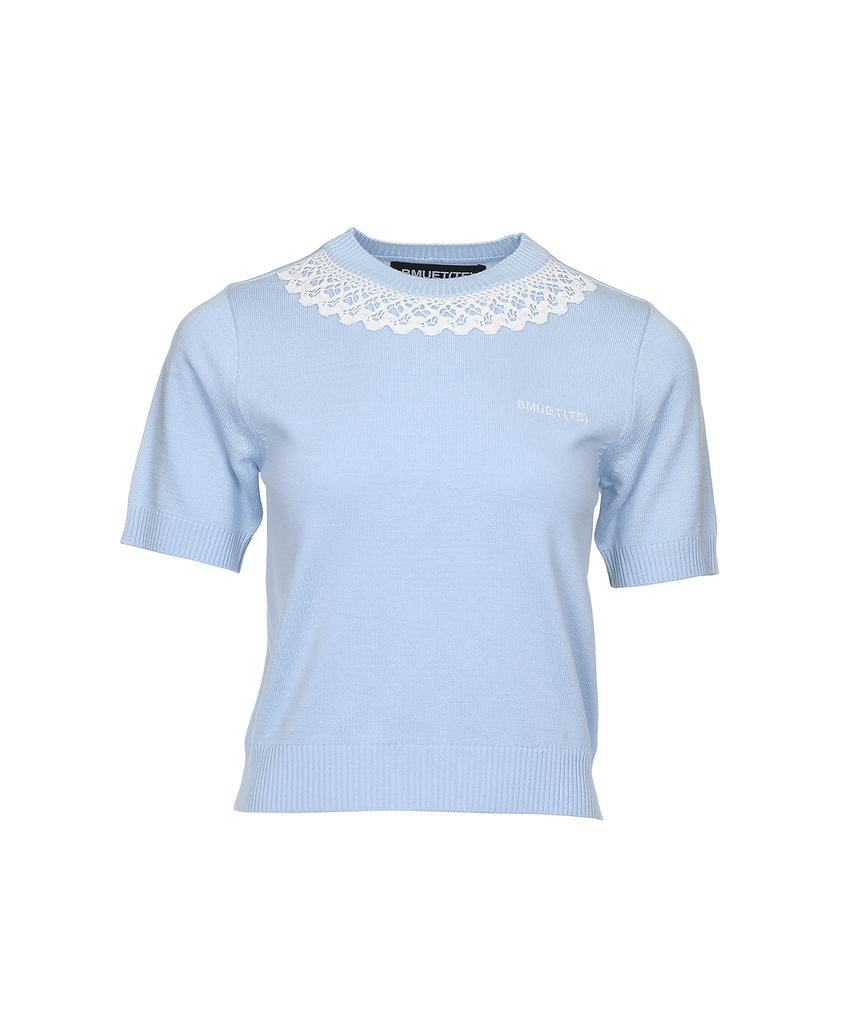 BMUETTE Lace-Detailed Logo Embroidered Short Sleeve Pullover Blue