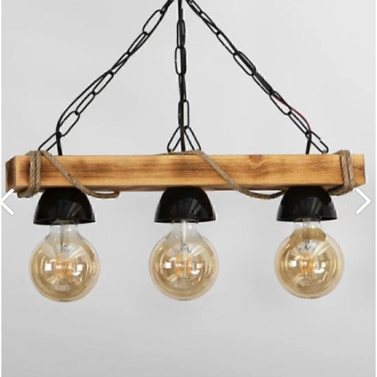 Doğal Ahşap 3 Lü Şapkalı Halatlı Rustik Tasarım Şık Avize