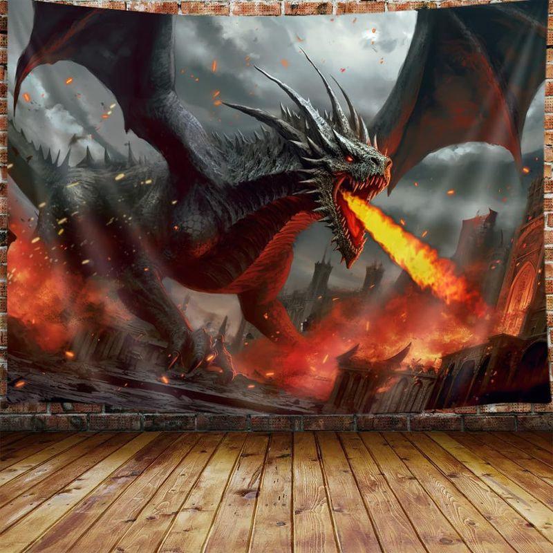 Black Dragon Tapestry Wall Hanging Fire Breathing Red Flames Gothic Castle Dark Fantasy Aesthetic Wall Art Decor