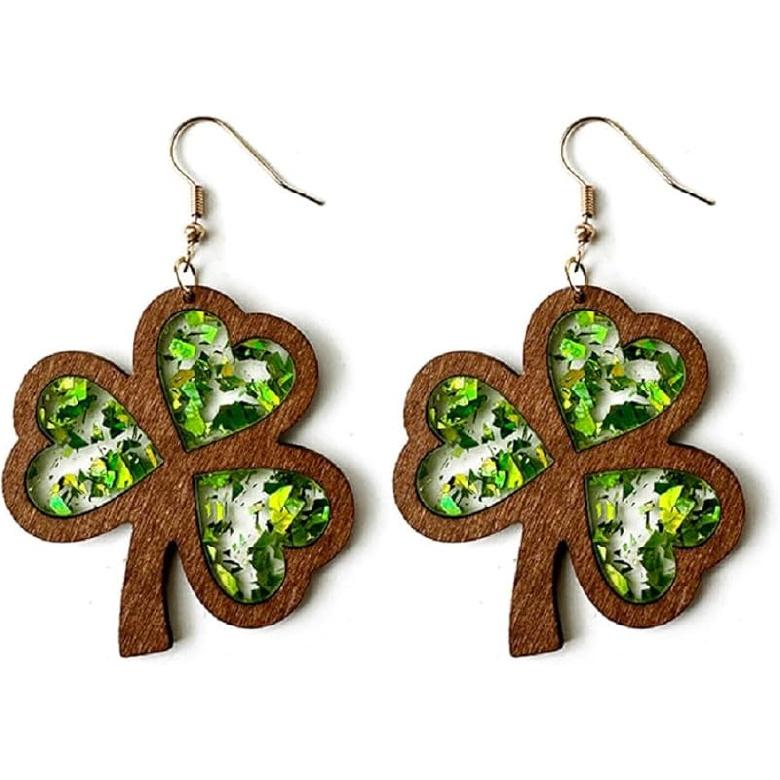 St. Patrick s Day Earrings Handmade Lightweight Green Lucky Clover Wooden Dangle Earrings for Women Shinning Glitter Irish Shamrock Acrylic Drop style1