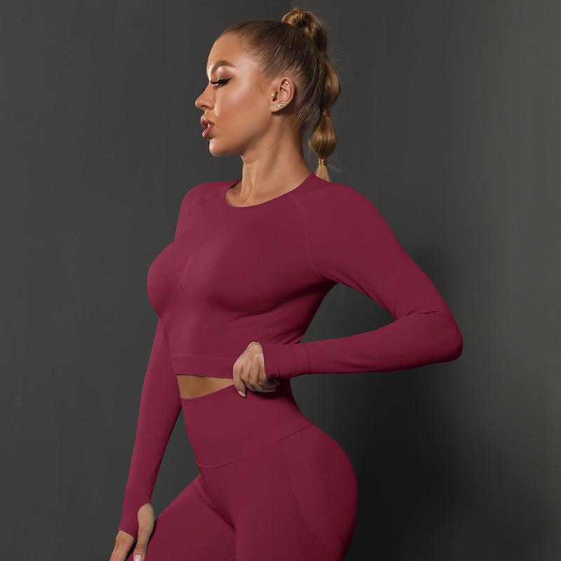 Seamless Tight Solid Color Pleated Sports Long Sleeved Top With High Elasticity, Breathability, Running, Fitness, Yoga Clothes For Women