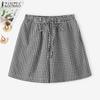 ZANZEA Women Summer Elastic Waist Summer Plaid Print Short Pants