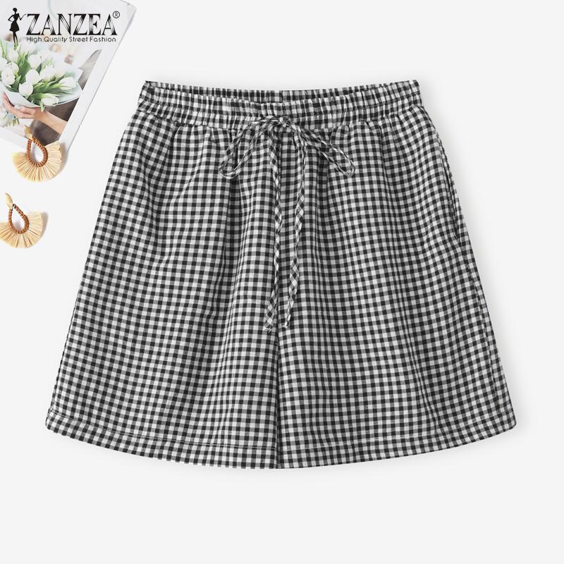 ZANZEA Women Summer Elastic Waist Summer Plaid Print Short Pants