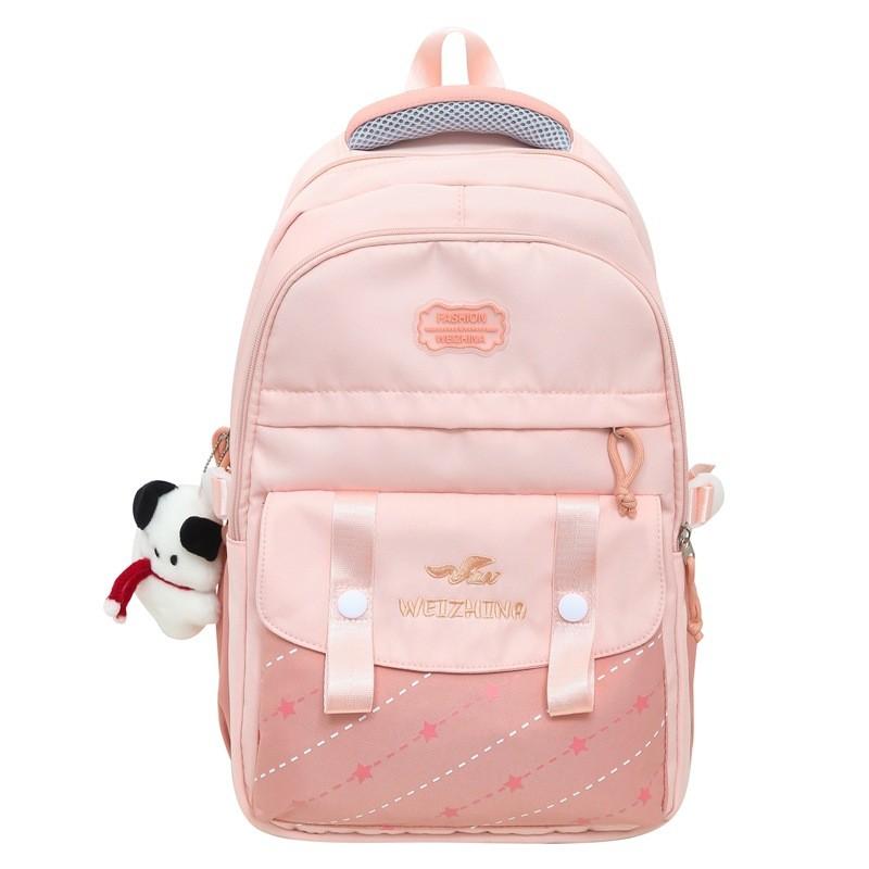 Color Blocked Letter Embroidery Student Backpack With Plush Pendant For Daily Use