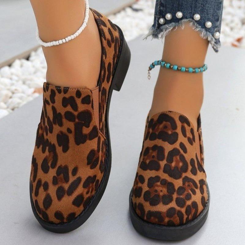 Large size single shoes women's autumn new round head leopard print casual thick heel one-pedal single shoes