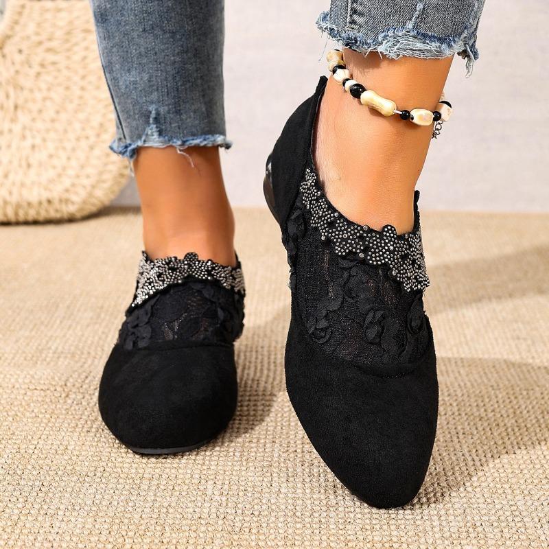 New Single Shoes for Autumn Women's Fashion Round Toe Suede Spliced Mesh Crystal Flower Soft Sole Non-Slip Low-Top Shoes