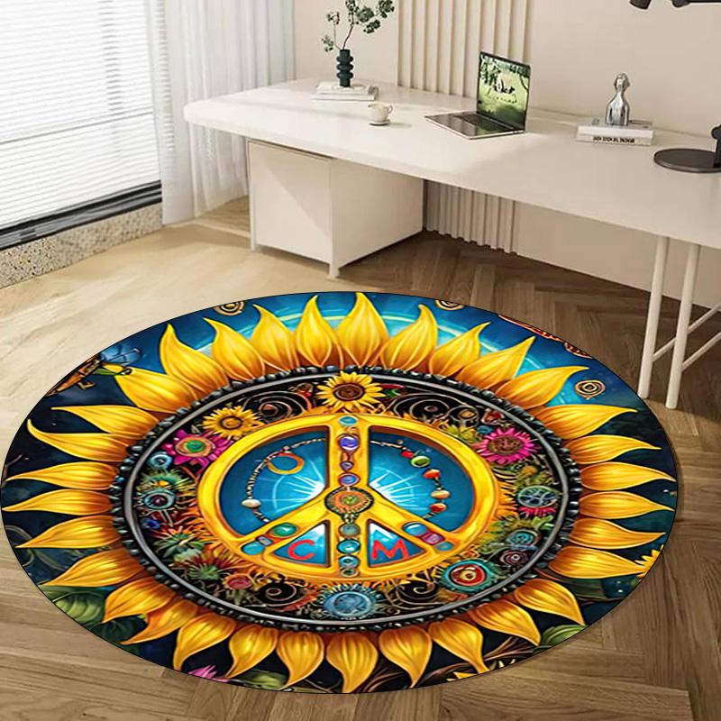 Sunflower Peace Sign Circular Rug Office Decorative Carpet For Living Room Bedroom Door Mat Floor Carpet Computer Chair Area Rug