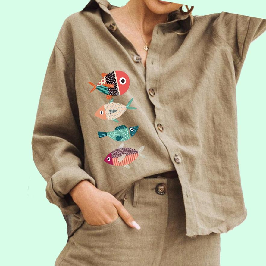 Dame Mote Knapped Skjorte Casual Bomull Lin Topp Damer Fisketrykk Bluse