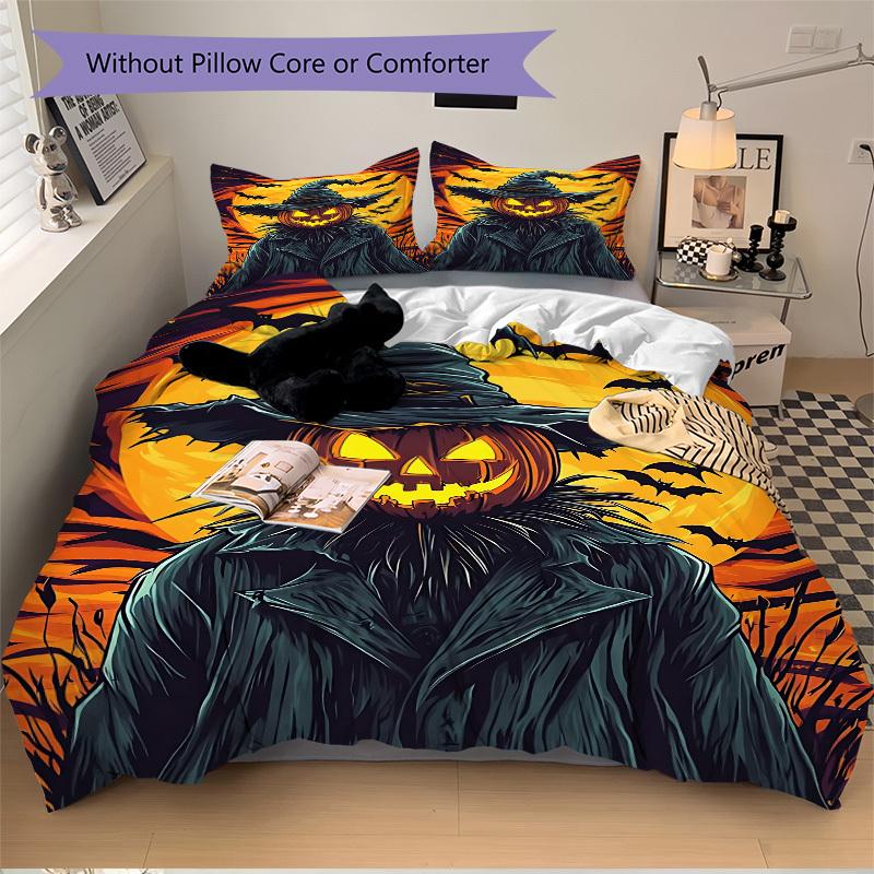 3pcs Pumpkin Witch Bedding Set - 1 Duvet Cover + 2 Pillowcases(Core Not Included), Machine Washable Polyester Yy251216169