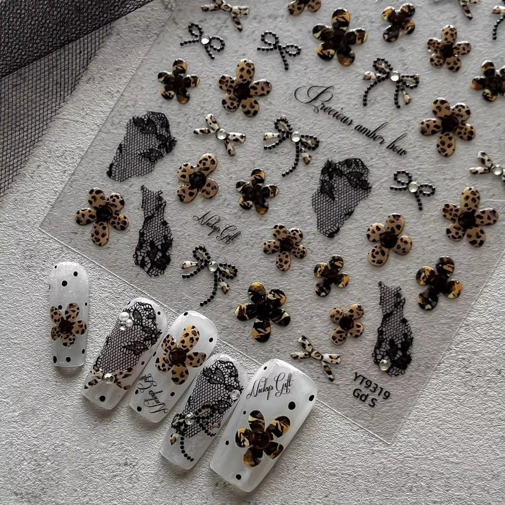 Leopard Print 5D Embossed Nail Stickers Hollow Black Lace Y2K DIY Nail Art For Women