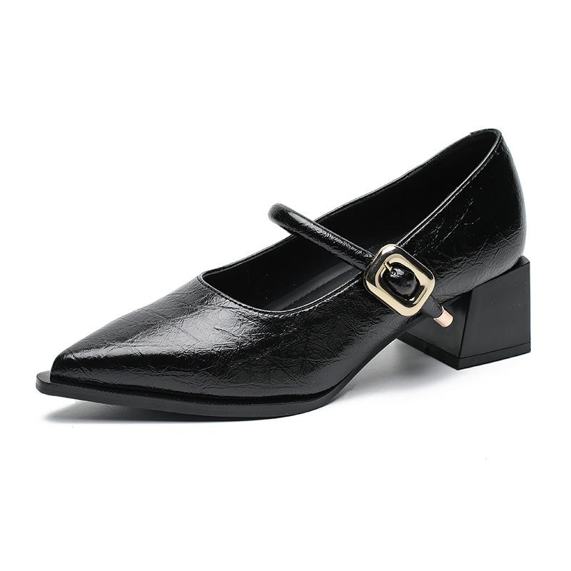 83656-1 Huidong County Daling Schuhe Mary Janes Damenschuhe Dicker Absatz Hohe Absätze Frühling Einzelne Schuhe Damen Spitz Kleine Lederschuhe