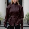 Women's Vintage Burgundy PU Leather Jacket Stand Collar Long Sleeve Belt Waist Slim Fit Faux Leather Coat Autumn Winter Outerwear
