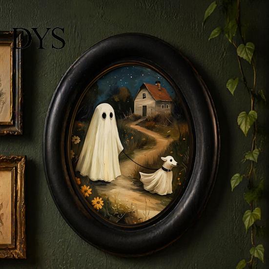 Oval Wood Picture Frame Halloween Gothic Wooden Hanging Plaque, Vintage Black Cat Ghost Wall Sweet Cool Sign Sign, Retro Waterproof Decorative Art for