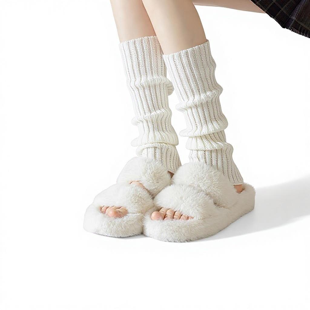 Autumn Winter Relaxed Lazy Warm Vinegar Fiber Knitted Letter Pattern Medium Thickness Socks White Calf Leg Sleeves Pile-up