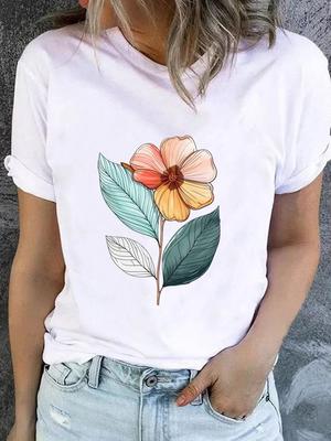 (Asian Size) Sweet Flower Style Cute Casual Short Sleeve T Tee Top Clothing Shirt Women Printed Lady Fashion Female Graphic T-shirts