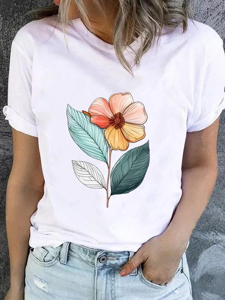 (Asian Size) Style Flower Trend 90s Casual Short Sleeve T Tee Top Clothing Shirt Women Printed Lady Fashion Female Graphic T-shirts