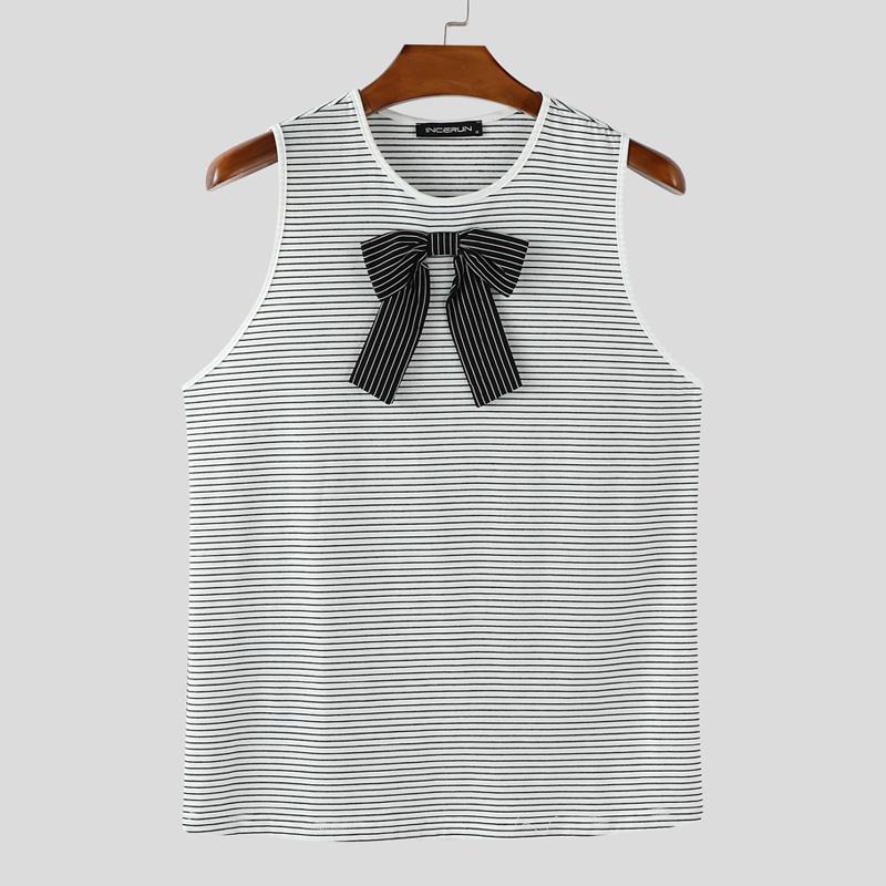 

INCERUN Men O Neck Sleeveless Striped Print Bow Knot Casual Tank Tops S чёрный