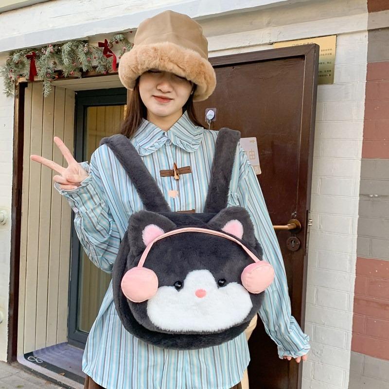 Urocze słuchawki kotek futrzany plecak o dużej pojemności plecak z kreskówką nowa torba dla lalki tornister damski