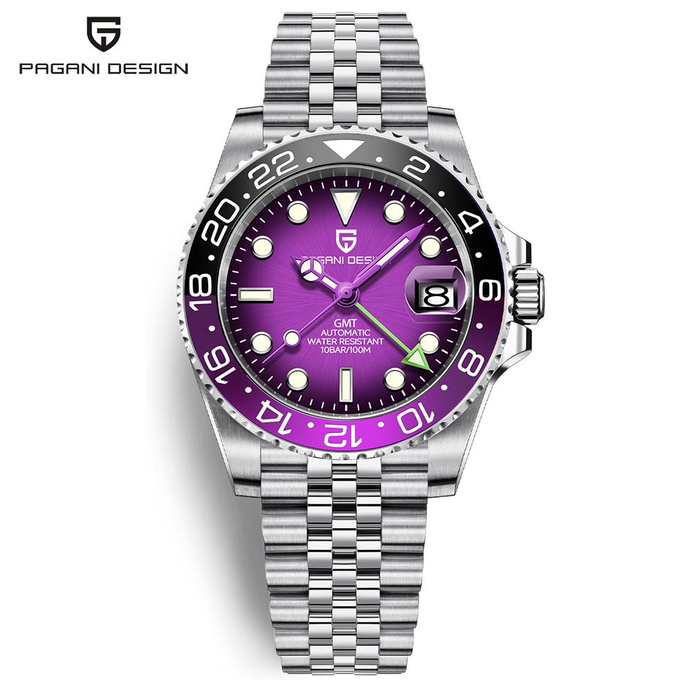 PAGANI DESIGN New Purple Dial GMT Men Mechanical Watch Sapphire Glass Stainless Steel Waterproof Automatic Watches for men