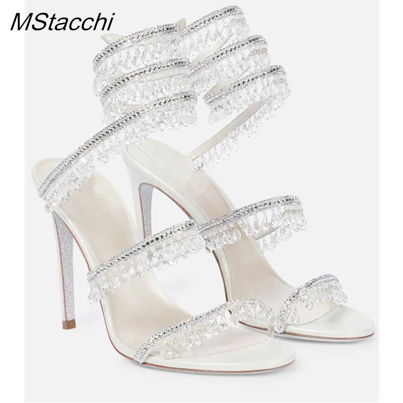 Sandalias Envolventes de Cristal Mujer Verano Zapatos de Boda Tacón Alto Zapatos de Fiesta Sandalias con Tiras al Tobillo Zapatos de Diseño con Tacón de Aguja