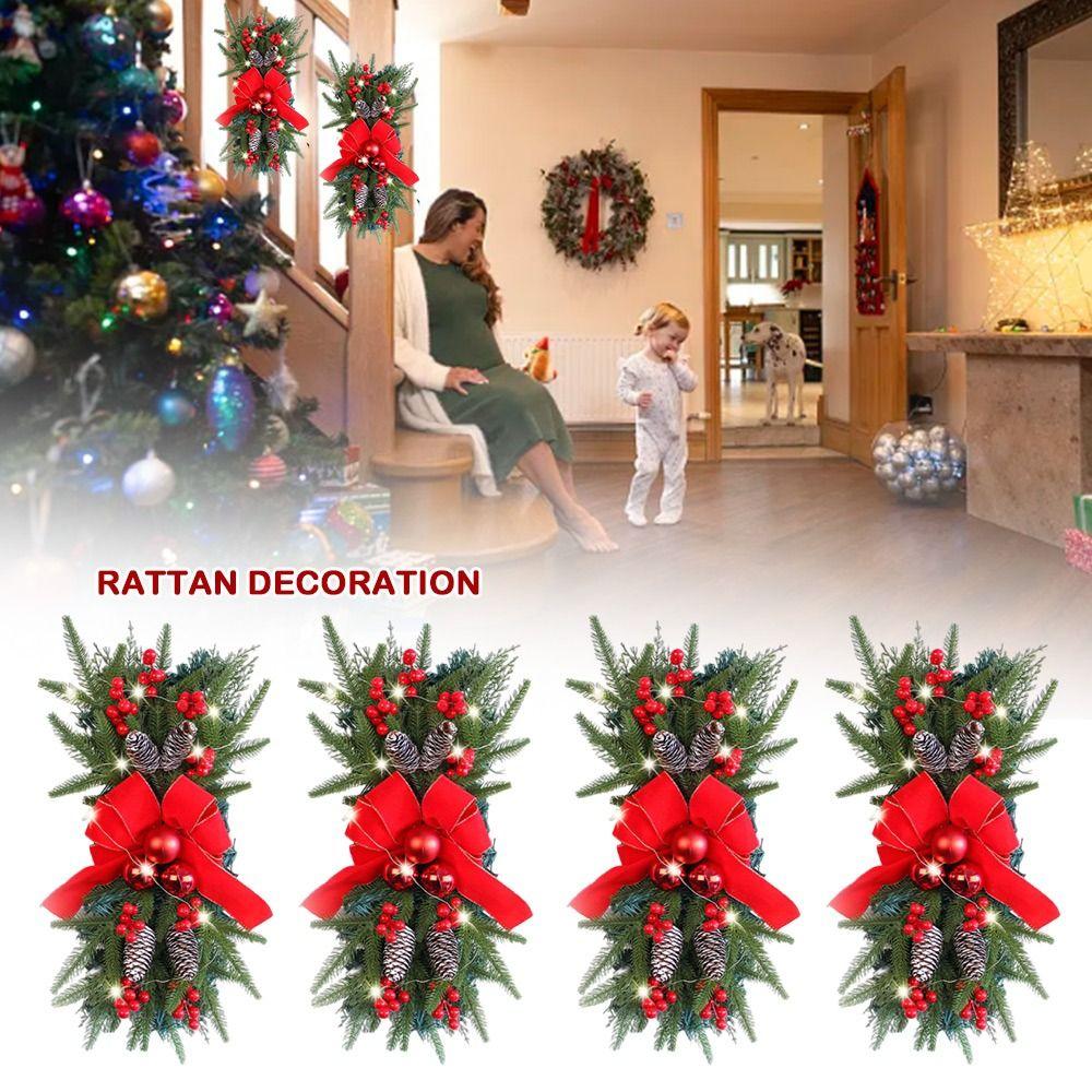 Red Bow Christmas Wreath Pine Cone PE Leaf Rattan Decoration Upside Down Design Artificial Rattan Prelit Stairway Trim