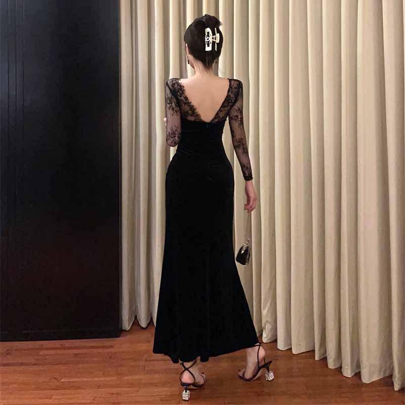 French Pure Lace Stitching Velvet Halter Dress Dress