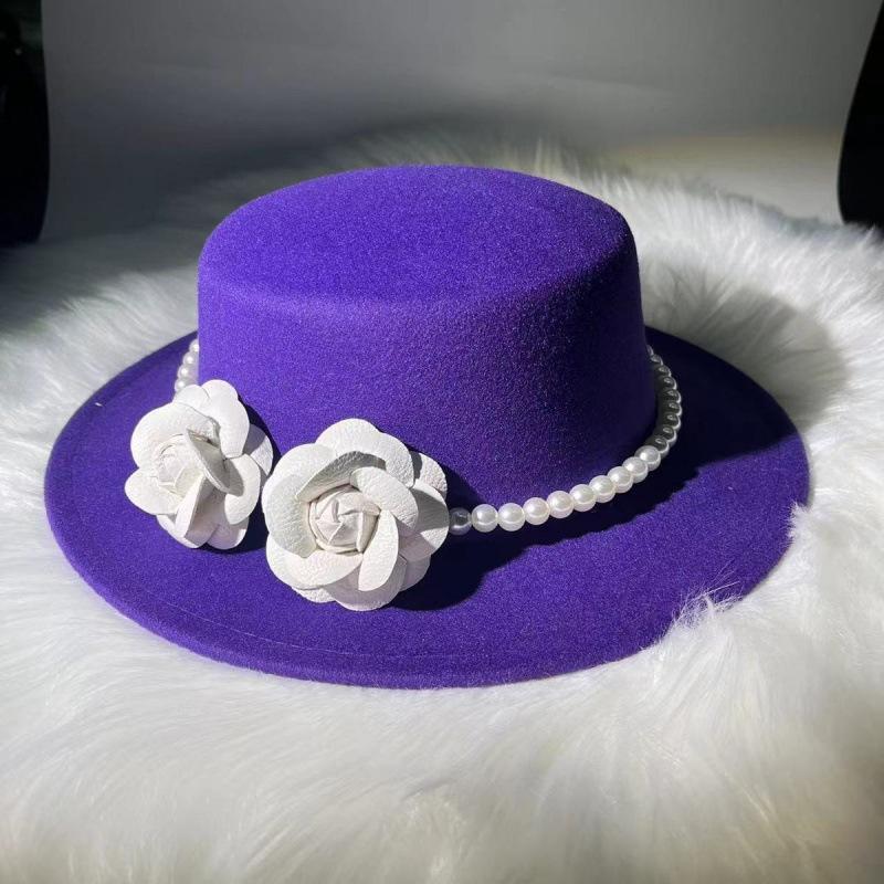 French Retro Pearl Flower Wool Flat Top Top Top Hat Autumn and Winter Small Fragrant Wind Big Brim Street Shot British Woolen Hat