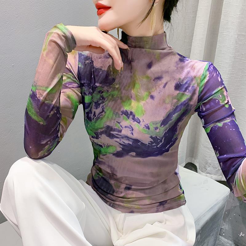 

Женская сетчатая футболка с высоким воротником, Европа 2023: Осенне-зимняя мода с длинными рукавами и цветочным дизайном Large