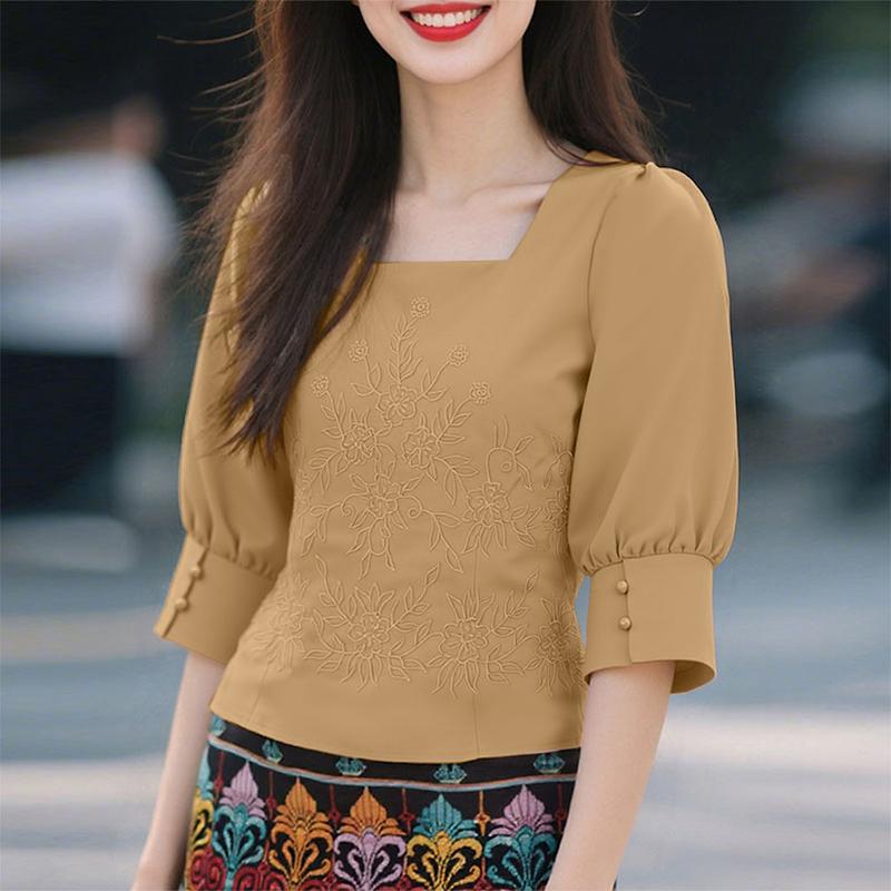 

ZANZEA Women Square Collar Casual 3/4 Sleeve Embroidery Blouse 5XL хаки