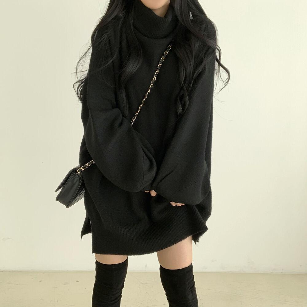 Korejský pletený pulovr s rolákem, pletený svetr pro ženy, nadměrný dlouhý pulovr, dámský volný ležérní teplý svetr