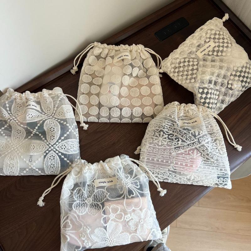 French Retro Literary Lace Cotton Embroidery Drawstring Small Cloth Bag Single-layer Thin Beam Mouth Storage Bag