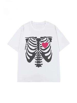 2025 Summer Fashion Skeleton Heart-shaped Printed T-shirt Casual and Loose Short-sleeved Cotton Couple Tops for Men and Women