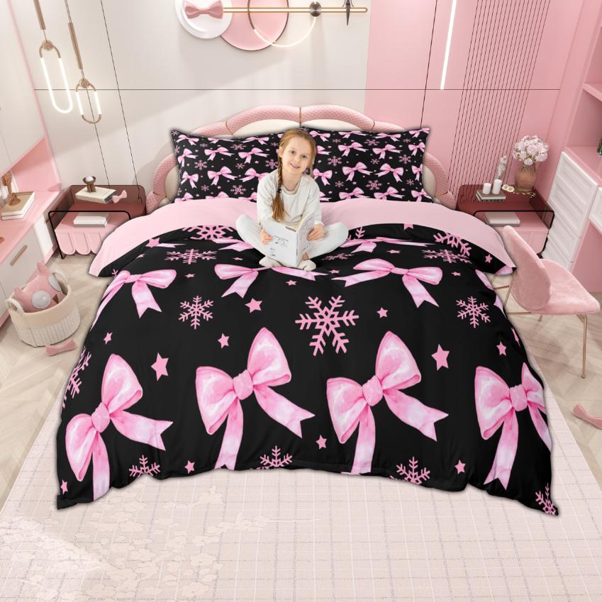 Homewish Kawaii Bow Knot Duvet Cover Set For Princess Girls Ribbon Bedding Set Bow-Tie Quilt Cover Set Bedroom Decor