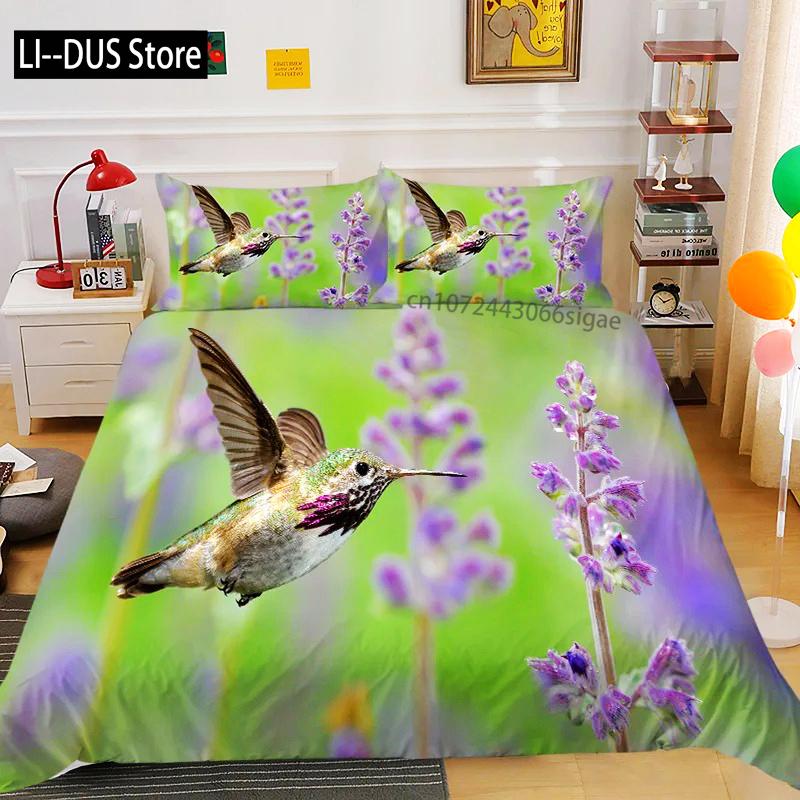 Kolibri påslakan Set King/Queen Storlek Liten Och Söt Tropisk Fågel Gul Blomma Gröna Blad Sängkläder Set Kvinnor