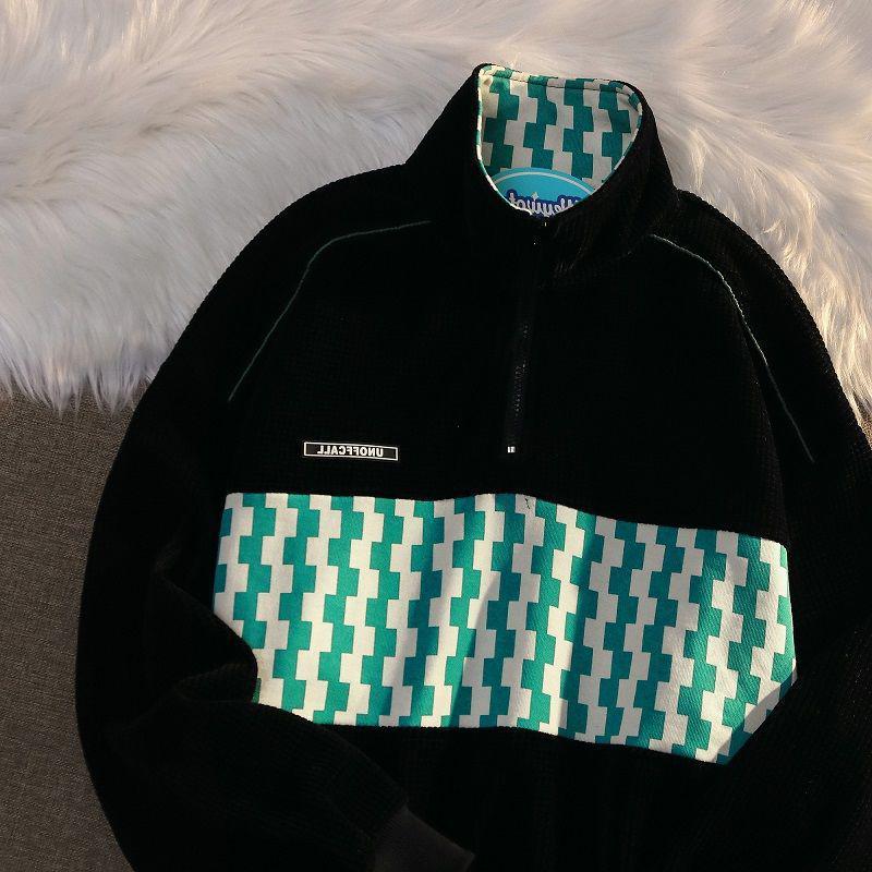 Unisex Retro Checkerboard Half-Zip Polo Sweatshirt - American Style Loose Fit for Fall