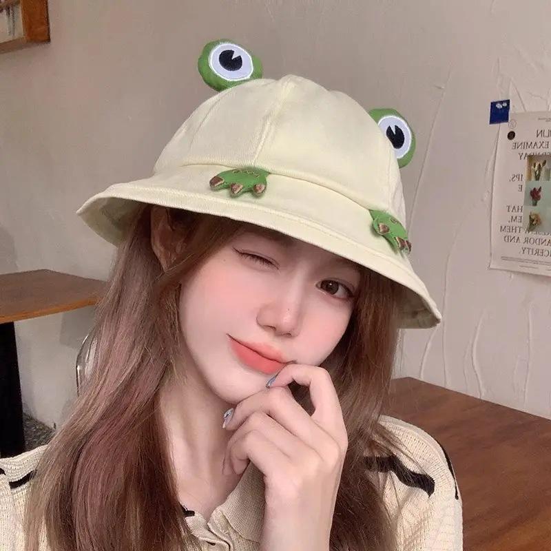 Japanese Style Cute Frog Fisherman Bucket Hat - Large Head Summer Sun Protection