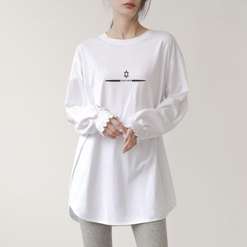 Chic White Long Sleeve Tee with Curved Hem and Cinched Cuff Closure Tops